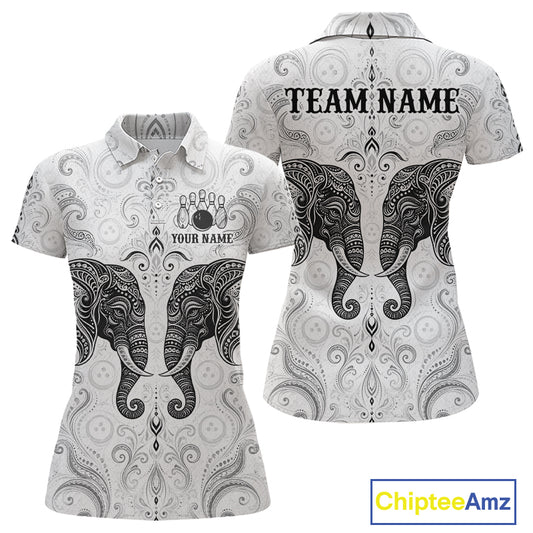 Custom black & white tribal elephant  bowling polo shirt, front and back views, bowling league jersey for women