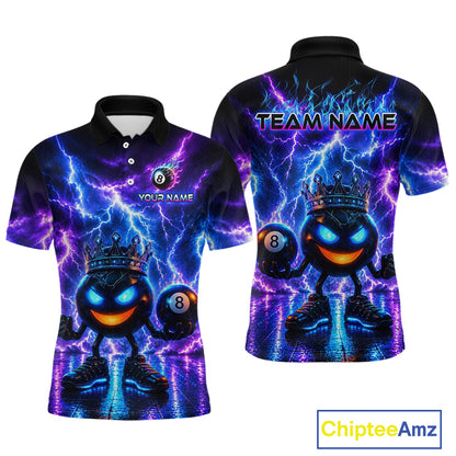 Polo shirt with a vibrant design of a character holding a bowling ball, lightning effects.