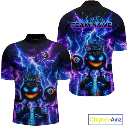 Colorful billiard jersey with lightning design and customizable text on a white background