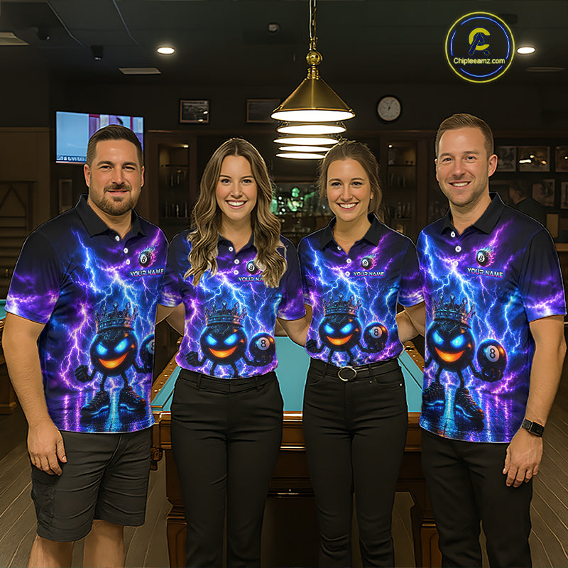 Four people wearing matching colorful shirts in a billiard room setting.