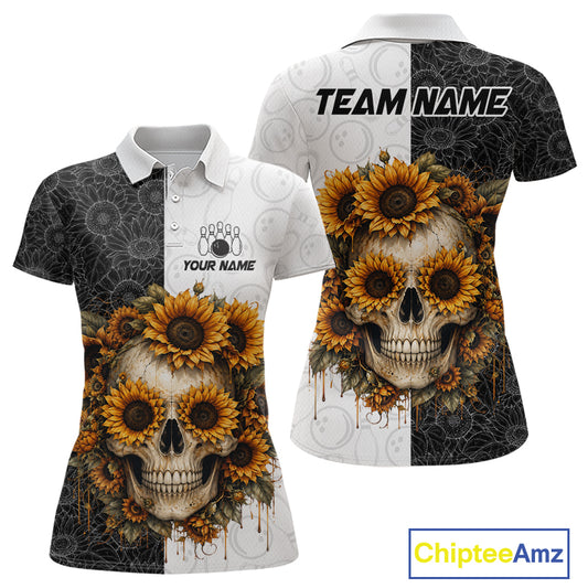 Polo shirt with skull and sunflower design on a white background, featuring customizable text.