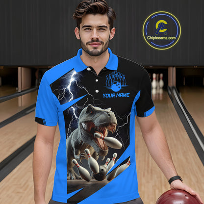A man wearing a custom bowling-themed polo shirt with a blue and black color-blocked design, featuring a graphic of a T-Rex bowling through pins with lightning accents. The shirt has 'YOUR NAME' printed on the chest.