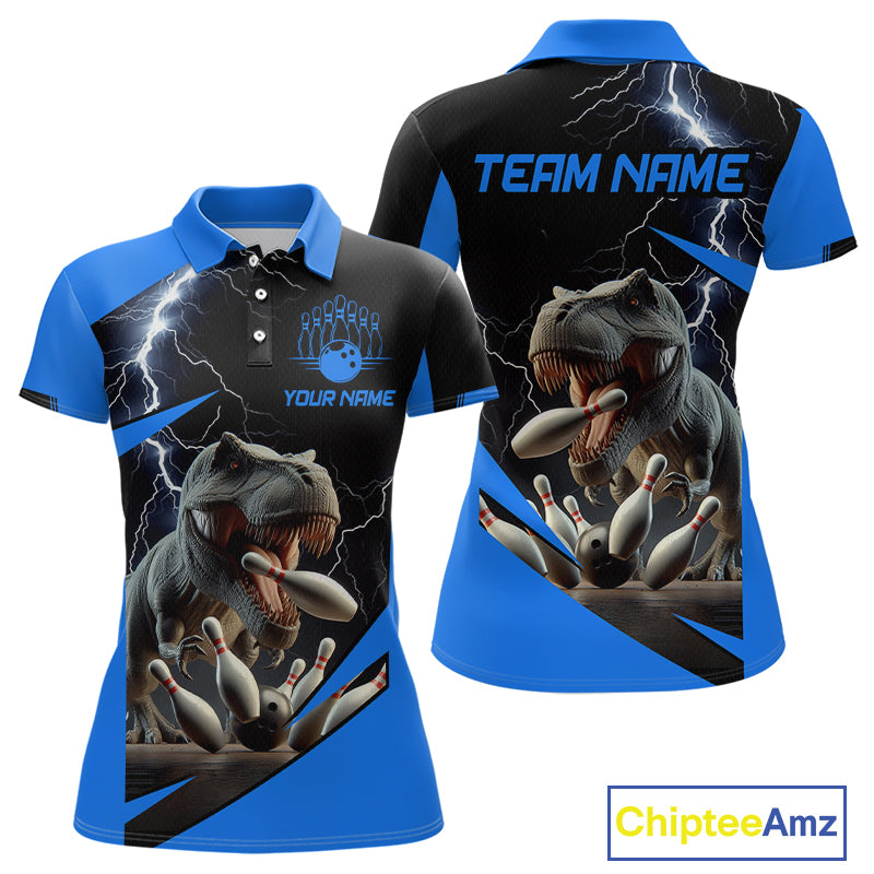 Custom short-sleeve polo shirt shown from the front and back, featuring a blue and black design with a graphic of a T-Rex bowling with bowling pins and lightning bolts. The front has a bowling pin graphic and the text 'YOUR NAME' and 'TEAM NAME' on the back and chest.