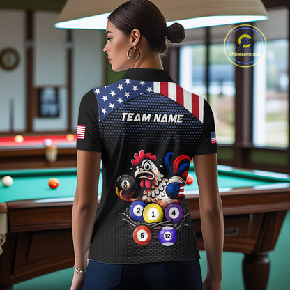 Custom Funny American Flag Chicken Billiard Shirt for Women Billiard Jersey Polo & Quarter-Zip Pool Shirt BHT28