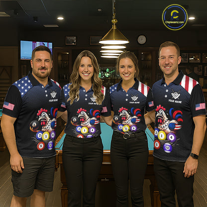 Custom Funny American Flag Chicken Billiard Shirt for Men Billiard Jersey Polo & Quarter-Zip Pool Shirt BHT28