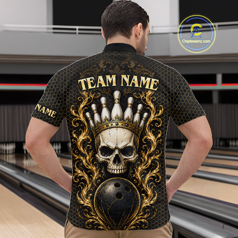 Man wearing custom black and gold skull crown bowling 1/4 zip shirt, back view mockup, personalized bowling league jersey.