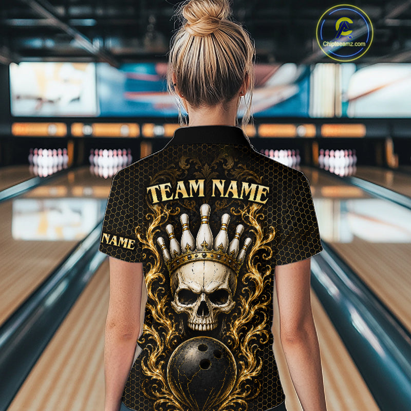 Man wearing custom black & gold skull crown bowling polo shirt, back view mockup, personalized bowling league jersey.