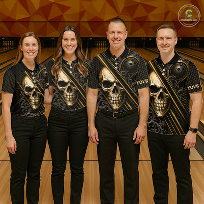 Bowling team wearing custom black & gold skull crown bowling shirts, group front view mockup, personalized team jerseys.