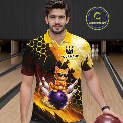 Man wearing a colorful bowling-themed shirt with a cat design in a bowling alley.