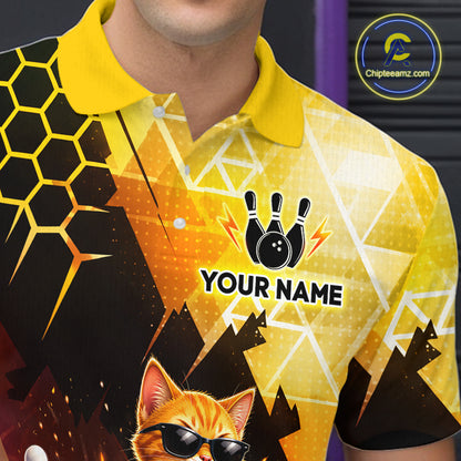 Bowling shirt with geometric design, cat wearing sunglasses, and customizable text on a dark background.