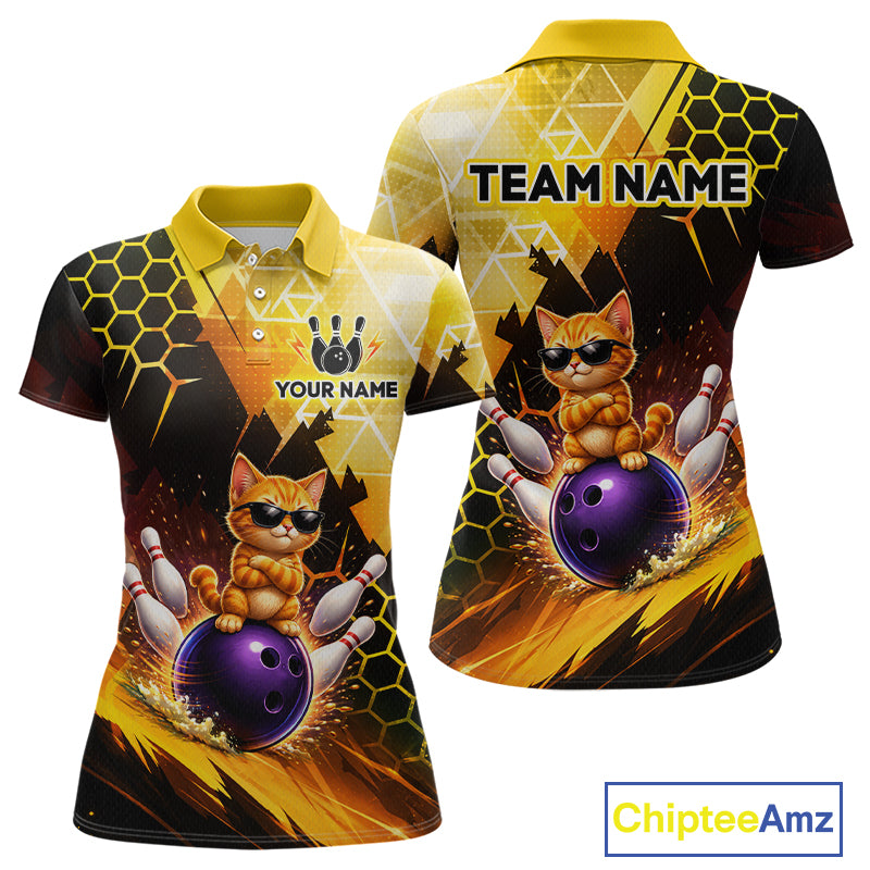 Two polo shirts with a cat bowling design and customizable text on a white background.