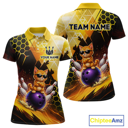 Two polo shirts with a cat bowling design and customizable text on a white background.