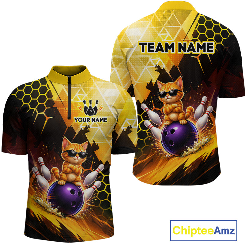 Bowling-themed sports jersey with a cat design and customizable text on a white background.