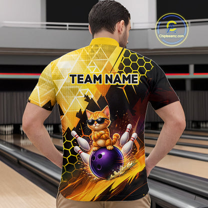 Person wearing a bowling-themed shirt with a cat design in a bowling alley.