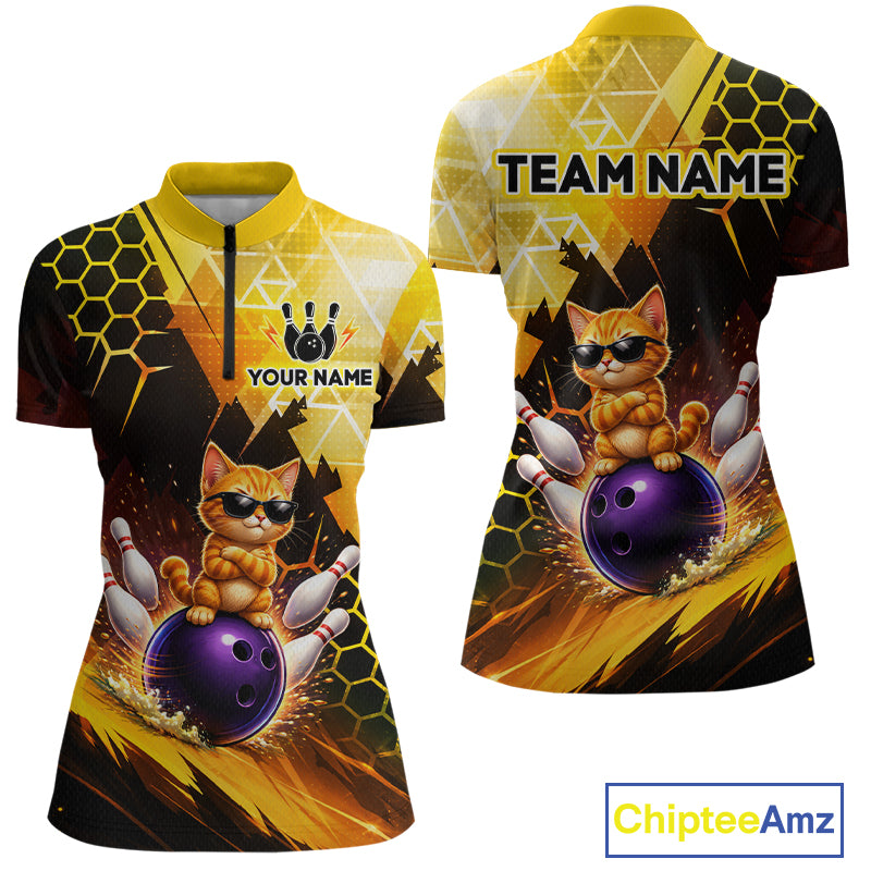 Bowling-themed shirt with a cat design and customizable text, featuring the brand 'Chiptee Amz'.