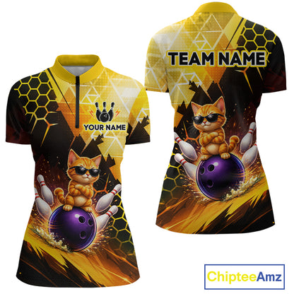 Bowling-themed shirt with a cat design and customizable text, featuring the brand 'Chiptee Amz'.