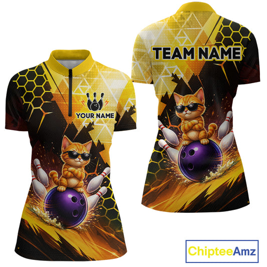Bowling-themed shirt with a cat design and customizable text, featuring the brand 'Chiptee Amz'.