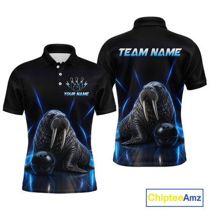 Black polo shirt with walrus design on front and back, customizable text, and Chiptee Amz branding.