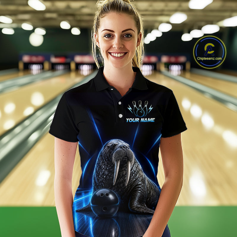 Neon Blue Walrus Bowling Shirt for Women Bowling Jersey Polo & Quarter-Zip Outfit QZT1061