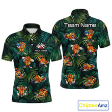 Load image into Gallery viewer, Polo shirt with cartoon character design on a tropical leaf pattern, featuring 'Team Name' and 'Your Name' text.