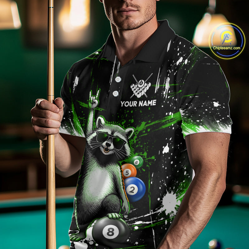 Custom Green Funny Raccoon Billiard Shirt for Men 8 Ball & 9 Ball Pool Billiard Jersey Polo & 1/4-Zip BHT44