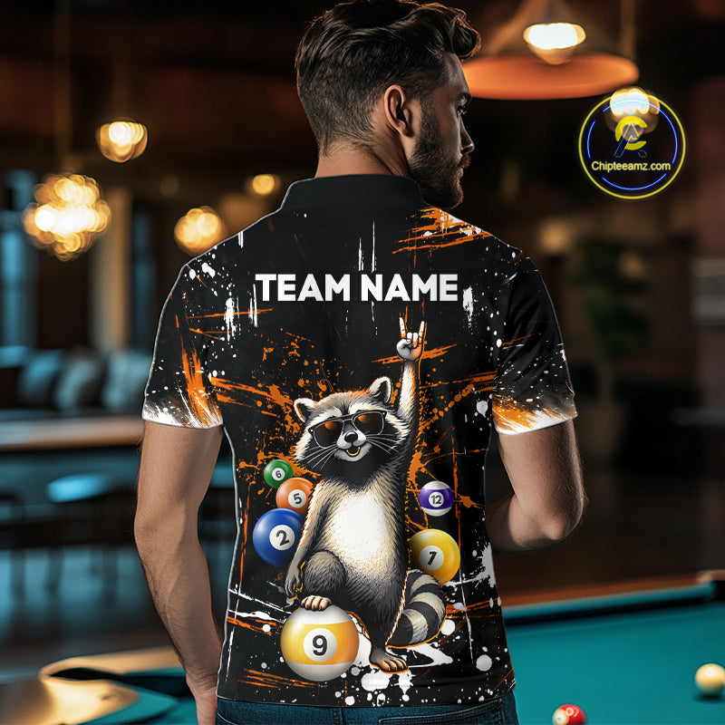 Person wearing a shirt with a raccoon design and 'TEAM NAME' text in a bar setting.
