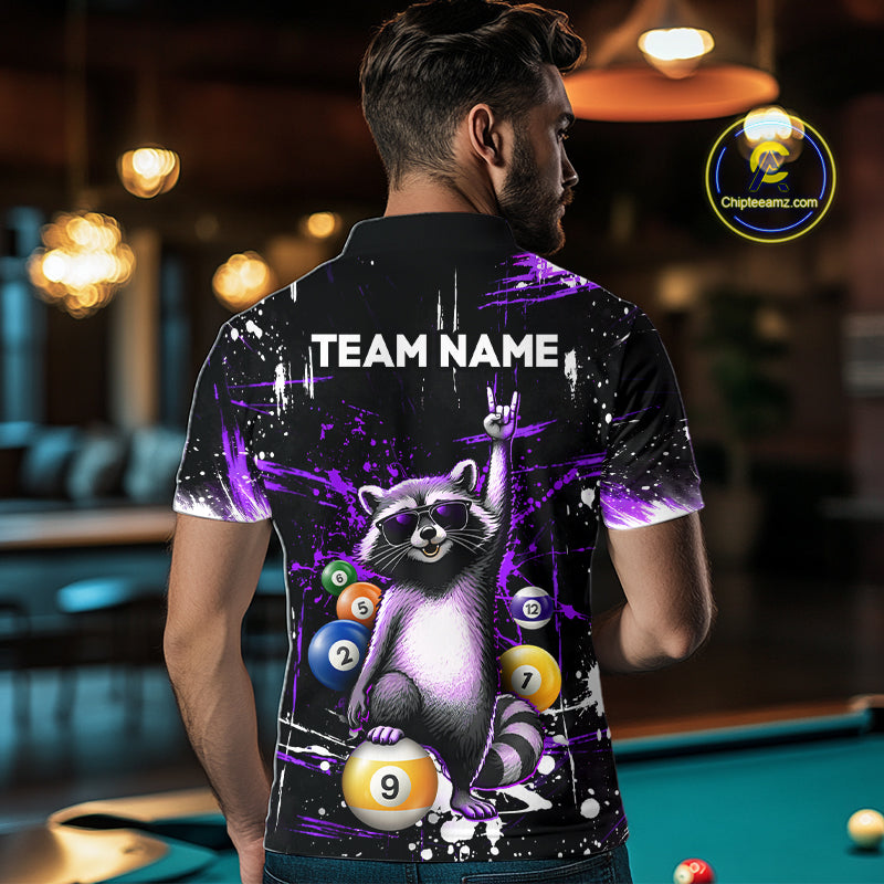 Custom Purple Funny Raccoon Billiard Shirt for Men 8 Ball & 9 Ball Pool Billiard Jersey Polo & 1/4-Zip BHT44