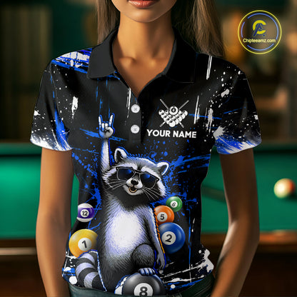 Custom Blue Funny Raccoon Billiard Shirt for Women 8 Ball & 9 Ball Pool Billiard Jersey Polo & 1/4-Zip BHT44