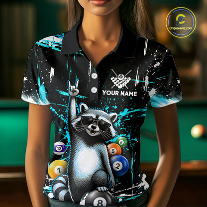 Custom Turquoise Funny Raccoon Billiard Shirt for Women 8 Ball & 9 Ball Pool Billiard Jersey Polo & 1/4-Zip BHT44