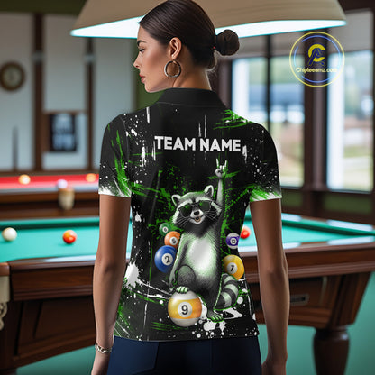Person wearing a shirt with a raccoon design and 'TEAM NAME' text in a pool hall.