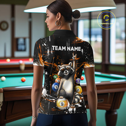 Custom Orange Funny Raccoon Billiard Shirt for Women 8 Ball & 9 Ball Pool Billiard Jersey Polo & 1/4-Zip BHT44