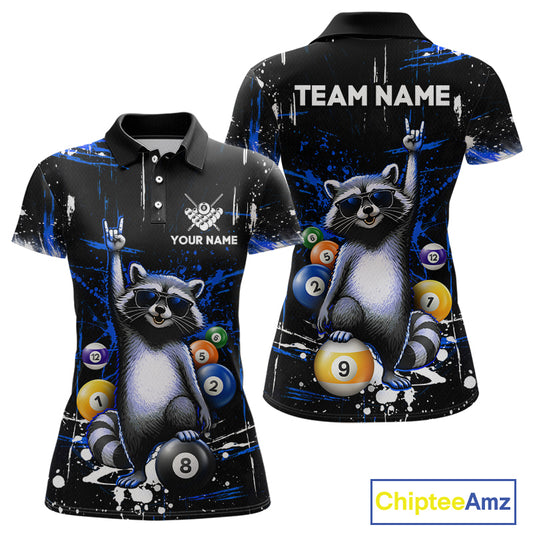 Polo shirt with raccoon design and pool balls, customizable with team name and player name, brand 'Chiptee Amz' visible.