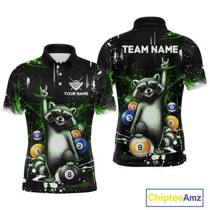 Polo shirt with raccoon design and billiard balls, customizable with 'Your Name' and 'Team Name'.