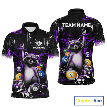 Black and purple  polo shirt with raccoon design and pool balls, customizable text on a white background.