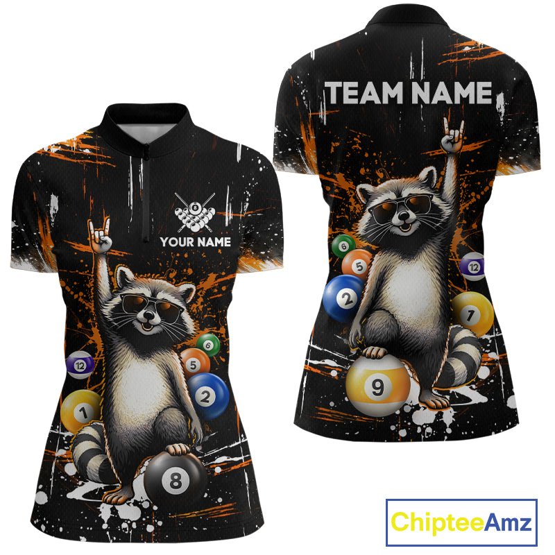 Quarter-zip shirt with raccoon design and customizable text on a black background
