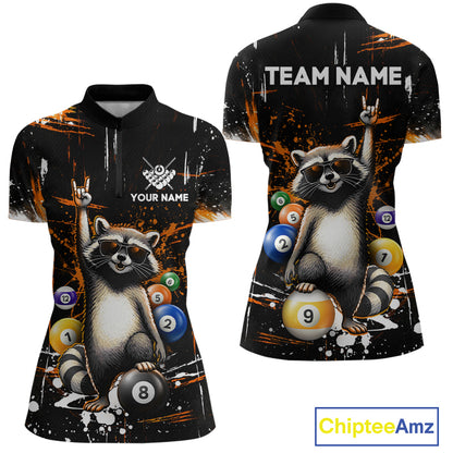 Quarter-zip shirt with raccoon design and customizable text on a black background
