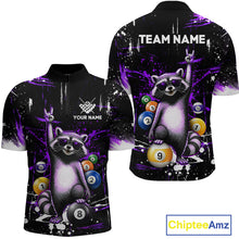 Load image into Gallery viewer, Black and purple quarter-zip shirt with raccoon design and pool balls, customizable text on a white background