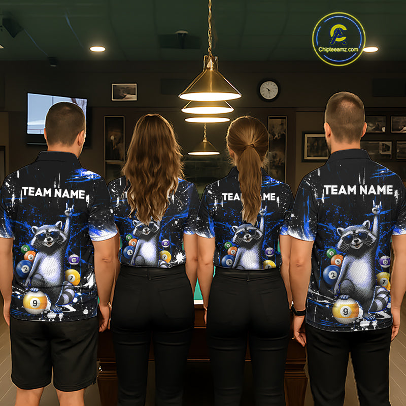 Four people wearing matching bowling-themed shirts with raccoon graphics in a bowling alley.