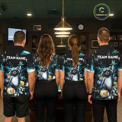 Custom Turquoise Funny Raccoon Billiard Shirt for Men 8 Ball & 9 Ball Pool Billiard Jersey Polo & 1/4-Zip BHT44