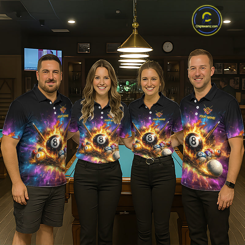 Four people wearing matching polo shirts with a colorful design in a bar setting.