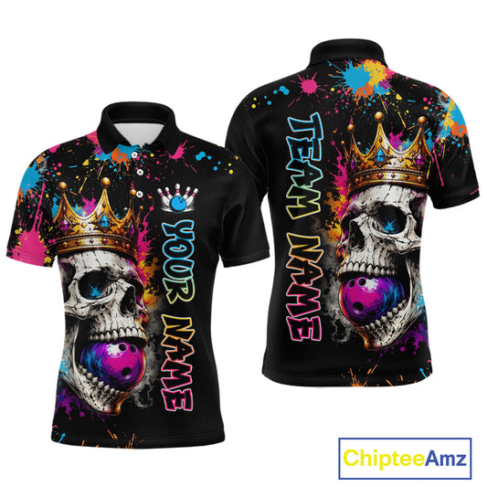 Black polo shirt with colorful skull design and customizable text on a white background