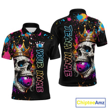Load image into Gallery viewer, Black polo shirt with colorful skull design and customizable text on a white background