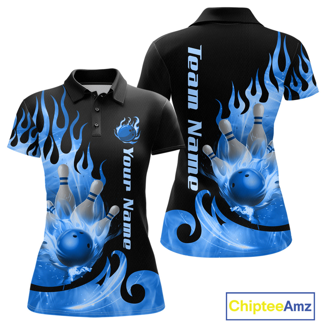 Blue Flame Bowling Team Shirt for Women Bowling League Jersey Polo & 1/4 Zip Bowling Outfit QZT782