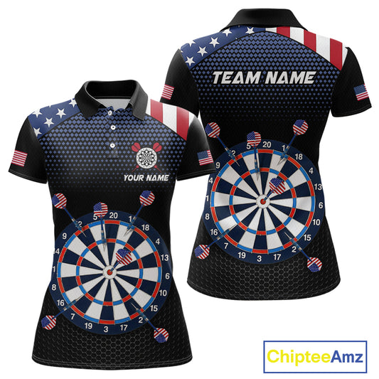 Front and back view of a custom patriotic dart polo shirt featuring an American flag dartboard graphic with personalized team name and player name.