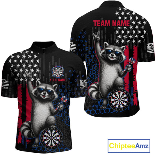 Front and back view of a custom patriotic dart quarter zip featuring an American flag raccoon holding darts beside a dartboard with personalized team name and player name.