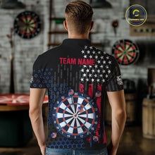 Load image into Gallery viewer, Back view of a male model wearing a custom black darts polo shirt featuring an American flag design, a large dartboard graphic, and 'TEAM NAME' printed in red