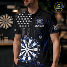 Load image into Gallery viewer, Male model wearing a custom black darts polo shirt featuring an grey American flag star pattern, a large dartboard graphic, and customizable 'YOUR NAME' text on the chest