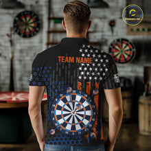 Load image into Gallery viewer, Back view of a male model wearing a custom black darts polo shirt featuring an American flag design, a large dartboard graphic, and 'TEAM NAME' printed in orange