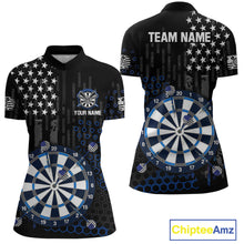 Load image into Gallery viewer, Custom darts quarter-zip jersey for women with grey American flag design and dartboard graphic, personalized team name and player name by ChipteeAmz