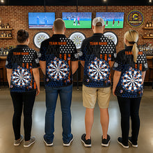 Load image into Gallery viewer, Back view of four people in a sports bar wearing matching custom darts team polo shirts with an American flag design, a dartboard graphic, and 'TEAM NAME' text.